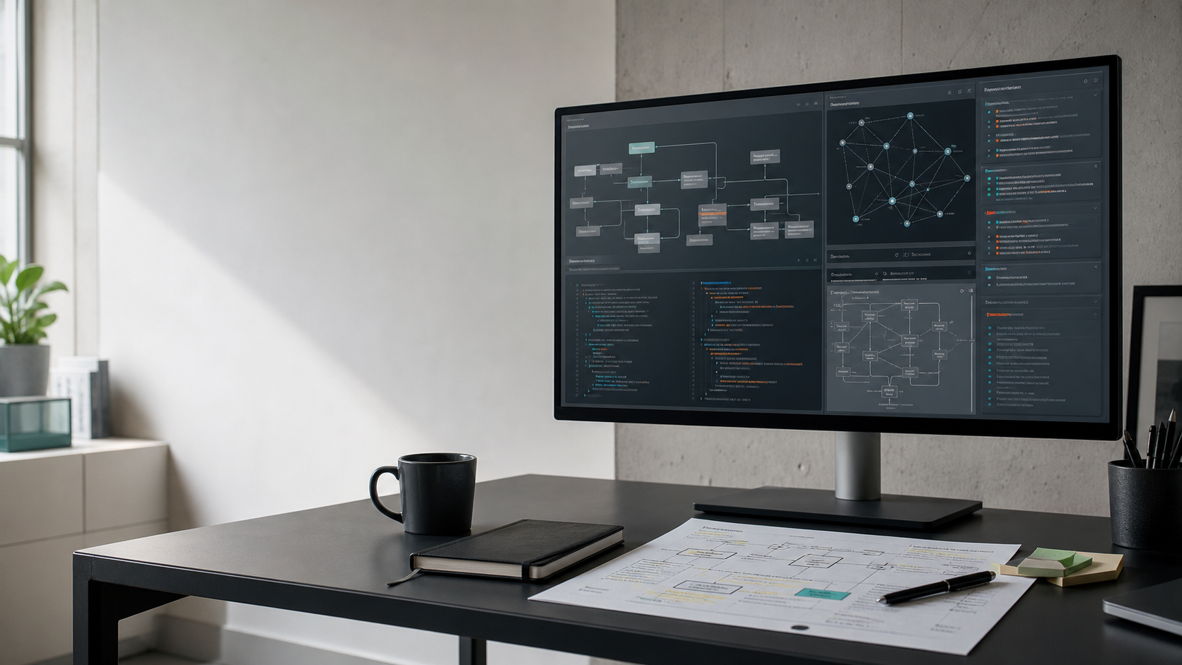 Ruhiger Arbeitsplatz mit Architekturdiagrammen und technischen Review-Unterlagen