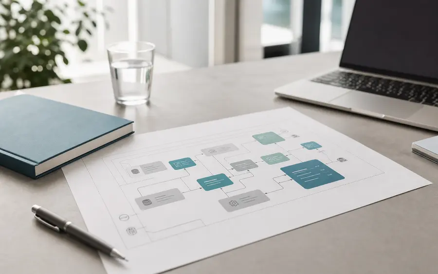 Ruhige Arbeitsfläche mit Architekturdiagramm und Review-Unterlagen